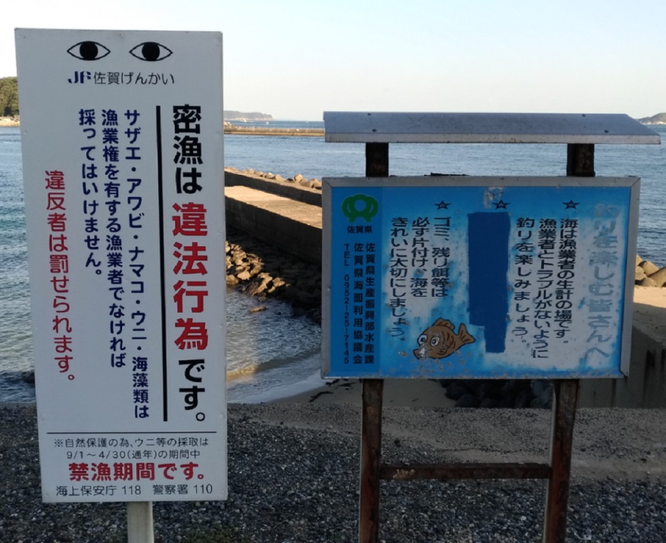 佐賀呼子ロッジ下防波堤釣り尾ノ上公園の坂はきつい釣りマナー密漁違法看板-1024x836